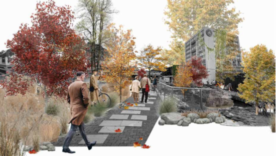 illustrasjon som viser byggene på Nordnes og trær og personer på en gangvei