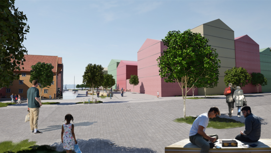 3D-illustrasjon på bakkeplan av det nye området på Kristiansholm. Med nye bygg, mennesker og trær.