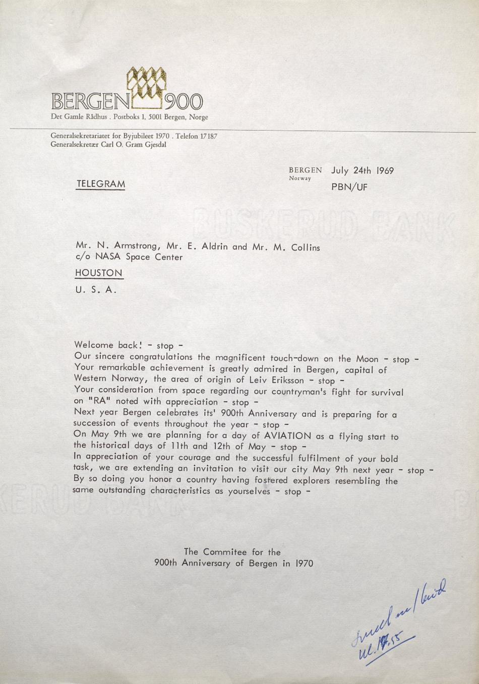 Telegram fra byjubileumskomiteen til National Aeronautic and Space Administration, 24. juli 1969. Arkivet etter Byjubileumskomiteen. Bergen byarkiv.